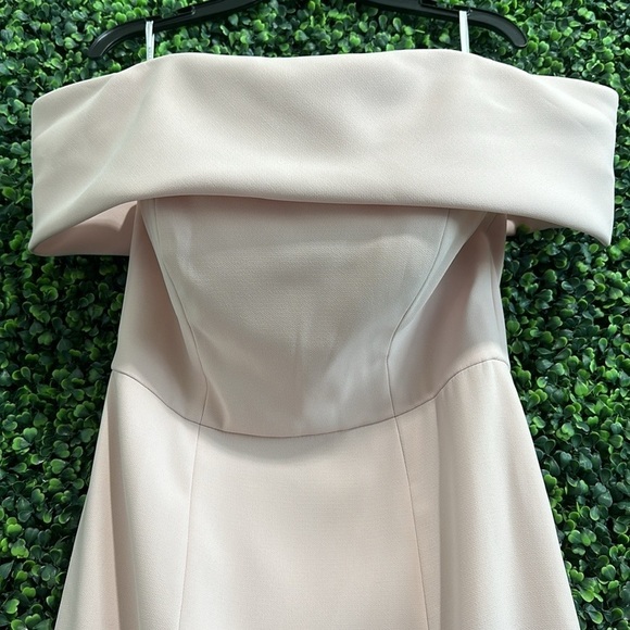 Dessy Collection Off Shoulder Crepe Bridesmaid Dress in size 0 color blush. - Picture 6 of 14